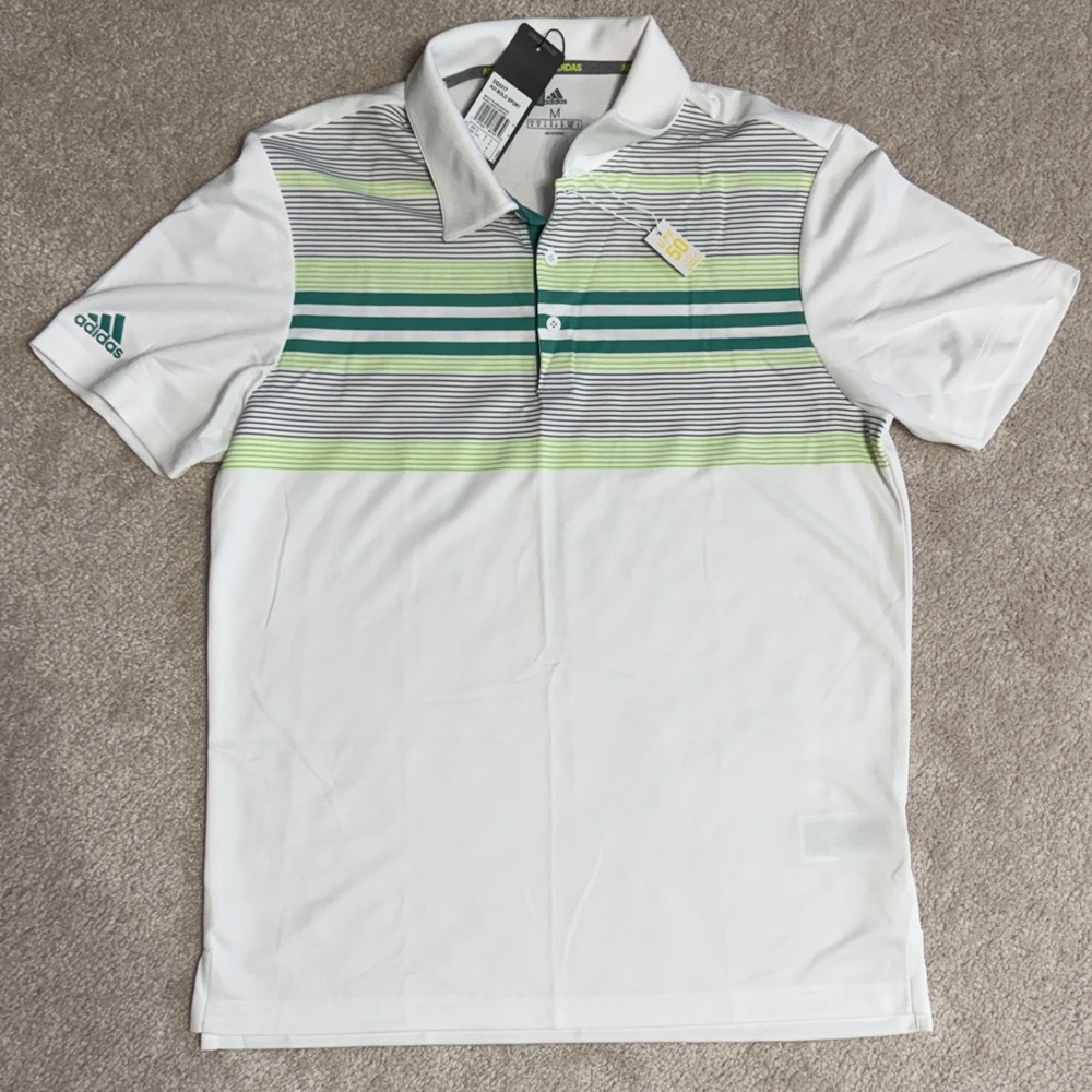 BNWT Adidas Men's Golf shirt with Green and Gray Stripes